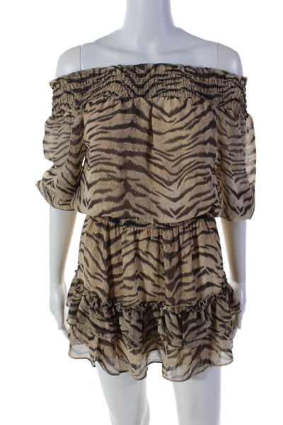 Generation Love Womens Tiger Print Off The Shoulder Blouson Dress Brown Size 2XS