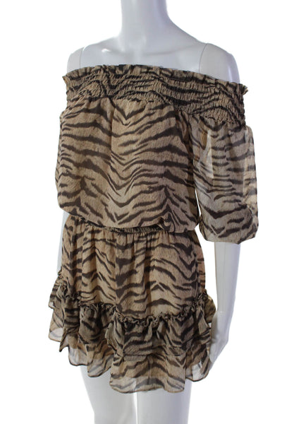 Generation Love Womens Tiger Print Off The Shoulder Blouson Dress Brown Size 2XS