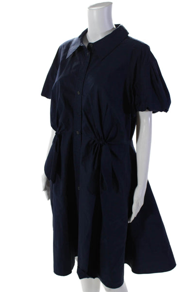 Tanya Taylor Womens Cotton Puff Sleeve Bow Shirt Dress Navy Size 12