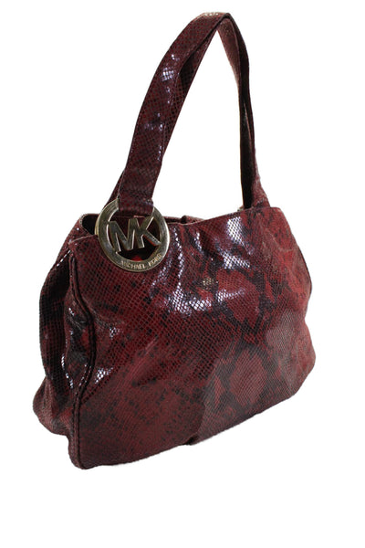 Michael Kors Womens Animal Print Medallion Strap Buttoned Hobo Handbag Red