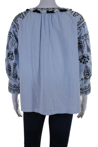 Free The Roses Womens Long Sleeve Embroidered Drawstring Blouse Blue Size XS