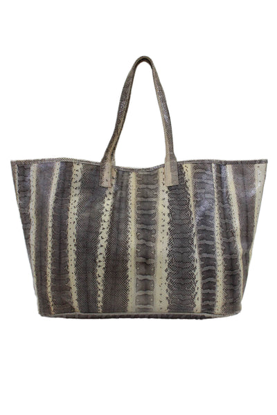 Beirn Womens Double Handle Snakeskin Print Handbag Leather Beige Size Large