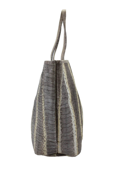 Beirn Womens Double Handle Snakeskin Print Handbag Leather Beige Size Large
