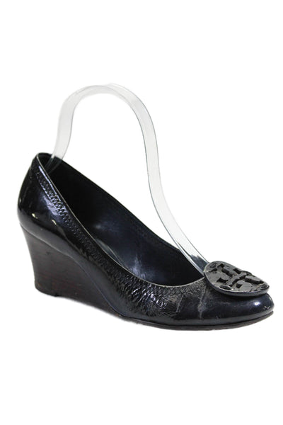 Tory Burch Womens Slip On Front Logo Low Wedge Heels Patent Leather Black Size 6