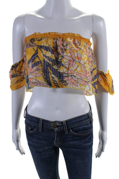 Pop Saint Barth Womens Silk Floral Strapless One Sleeve Blouse Yellow Size M