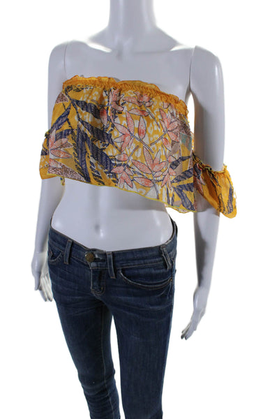 Pop Saint Barth Womens Silk Floral Strapless One Sleeve Blouse Yellow Size M