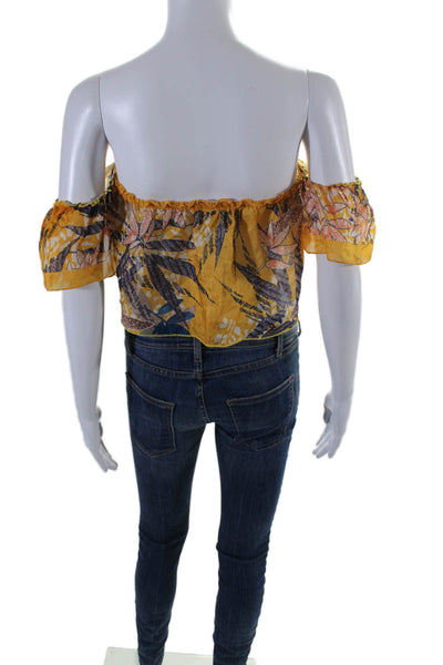 Pop Saint Barth Womens Silk Floral Strapless One Sleeve Blouse Yellow Size M