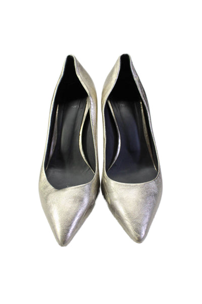 Theory Womens Metallic Leather Pointed Toe Slip On Heels Pumps Silver Size 37 7