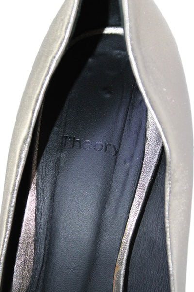 Theory Womens Metallic Leather Pointed Toe Slip On Heels Pumps Silver Size 37 7