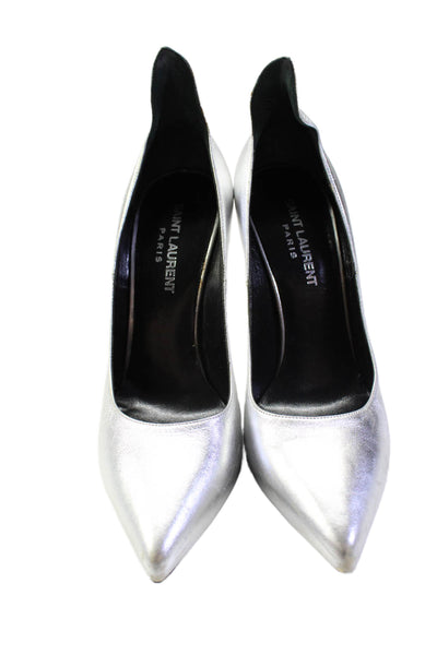 Saint Laurent Womens Metallic Leather Pointed Toe Heels Silver Size 36.5 6.5