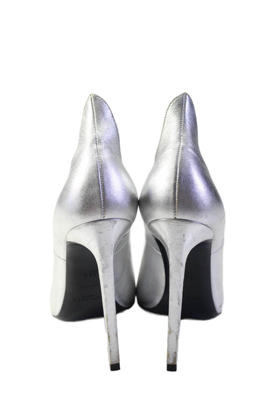 Saint Laurent Womens Metallic Leather Pointed Toe Heels Silver Size 36.5 6.5