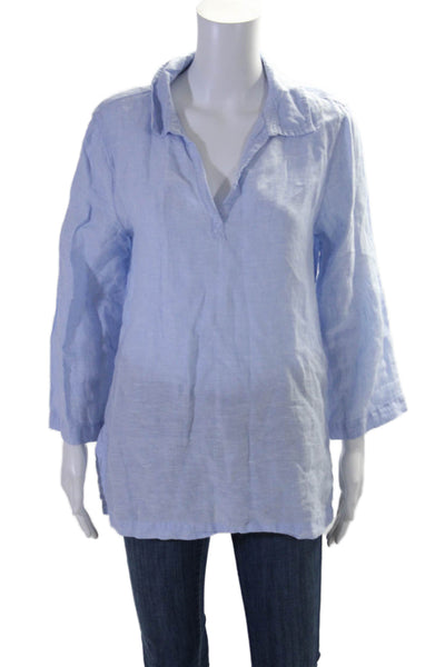 Tahari Womens Linen Long Sleeves Collared Pullover Shirt Sky Blue Size Medium