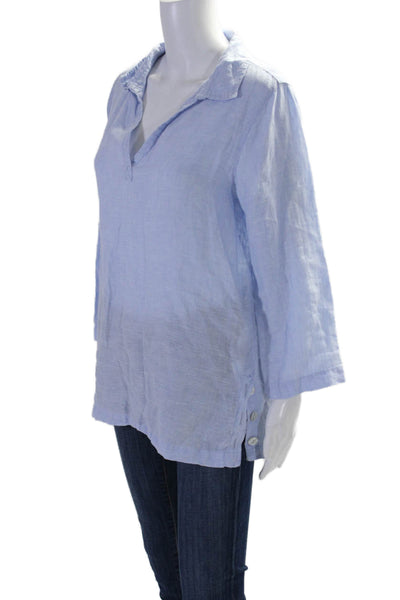 Tahari Womens Linen Long Sleeves Collared Pullover Shirt Sky Blue Size Medium