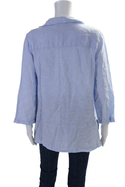 Tahari Womens Linen Long Sleeves Collared Pullover Shirt Sky Blue Size Medium