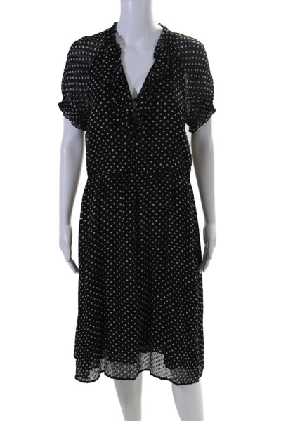 J Crew Womens Silk Polka Dot Print Short Sleeve V-Neck A-Line Dress Black Size 8