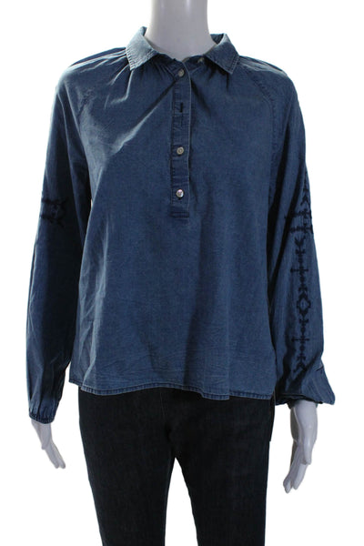 Faherty Womens Half Burton Down Shirt Blue Organic Cotton Size Extra Small