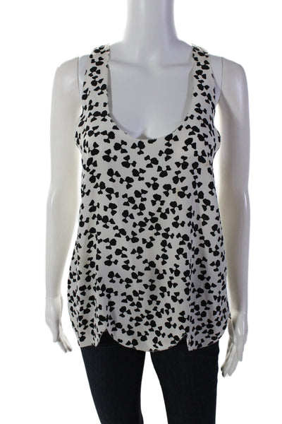 Joie Womens Silk Abstract Print Scalloped Scoop Neck Tank White Black Size S