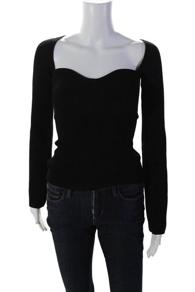 Pixie Market Womens Stretch Knit Ribbed Long Sleeve Blouse Top Black Size S