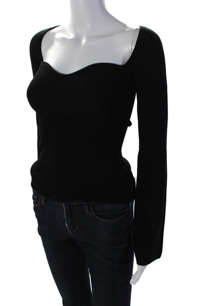 Pixie Market Womens Stretch Knit Ribbed Long Sleeve Blouse Top Black Size S