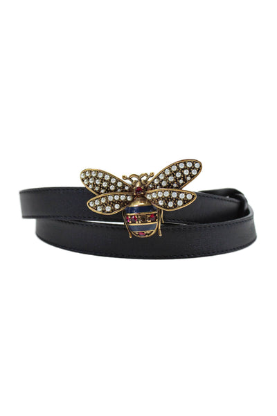 Gucci Womens Leather Jeweled Bug Buckle Gold Tone Skinny Belt Black Size 40