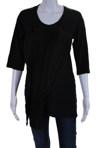 Clu Women's Round Neck Short Sleeves Ruffle Tunic T-Shirt Black Size L