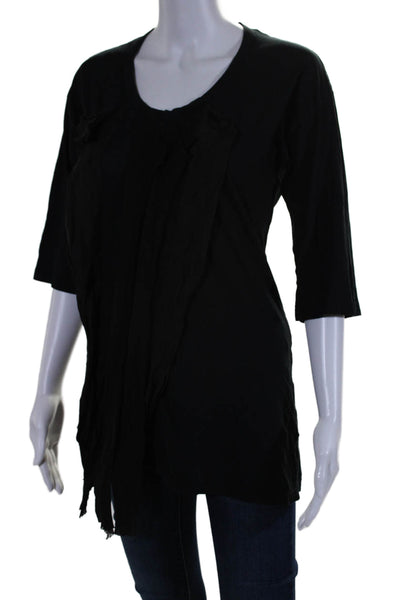 Clu Women's Round Neck Short Sleeves Ruffle Tunic T-Shirt Black Size L