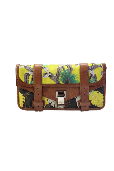 Proenza Schouler Womens Floral Canvas Leather PS1 Pochette Clutch Handbag Brown