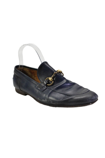 Gucci Mens Slip On Round Toe Horsebit Loafers Navy Blue Leather Size 7