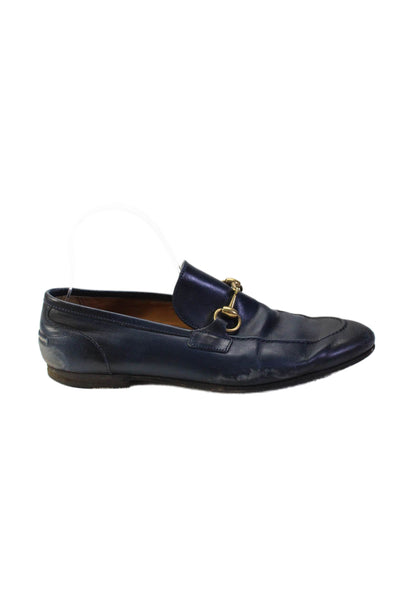 Gucci Mens Slip On Round Toe Horsebit Loafers Navy Blue Leather Size 7