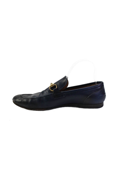 Gucci Mens Slip On Round Toe Horsebit Loafers Navy Blue Leather Size 7