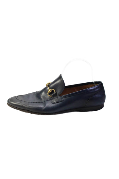 Gucci Mens Slip On Round Toe Horsebit Loafers Navy Blue Leather Size 7