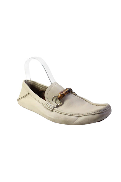 Gucci Mens Slip On Square Toe Bamboo Bit Loafers Off White Leather Size 8.5