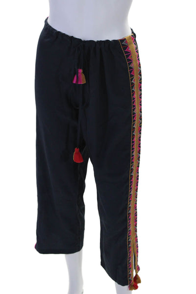 Figue Womens Mid Rise Drawstring Embroidered Trim Silk Pants Navy Size Small