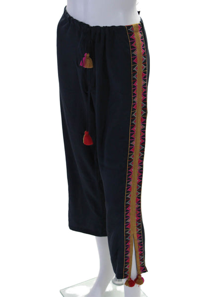 Figue Womens Mid Rise Drawstring Embroidered Trim Silk Pants Navy Size Small