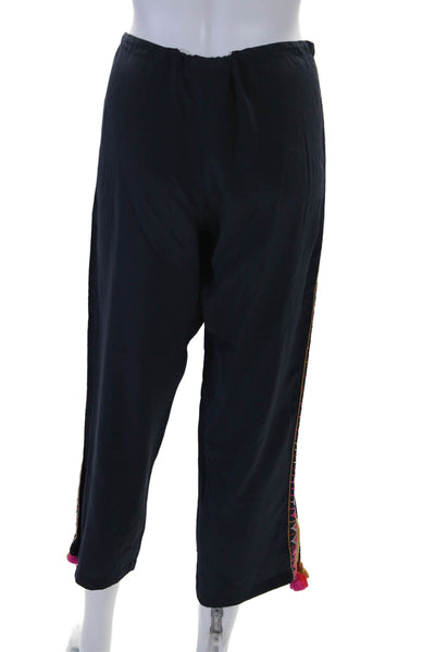 Figue Womens Mid Rise Drawstring Embroidered Trim Silk Pants Navy Size Small