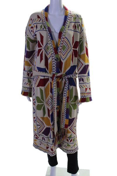 Etro Womens Button Front Belted Printed Long Cardigan Sweater White Multi IT 42