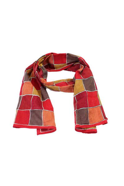 Oscar de la Renta Womens Check Print Colorblock Wrap Tied Neck Scarf Red