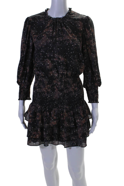 Amanda Uprichard Womens Floral Tie Dye Print Smocked Ruffled Dress Brown Size S