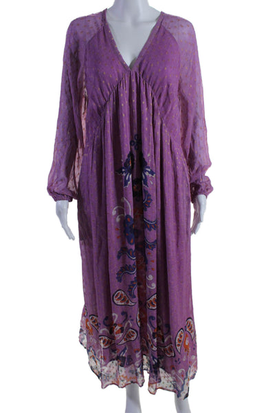 Chufy Women's V-Neck Long Sleeves Fit Flare Paisley Orchid Maxi Dress Size S