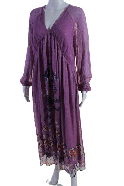 Chufy Women's V-Neck Long Sleeves Fit Flare Paisley Orchid Maxi Dress Size S