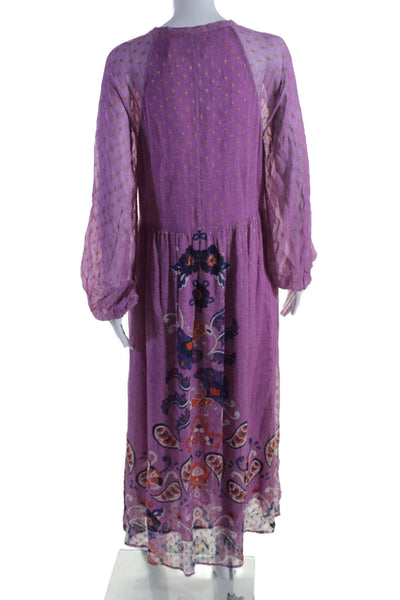 Chufy Women's V-Neck Long Sleeves Fit Flare Paisley Orchid Maxi Dress Size S