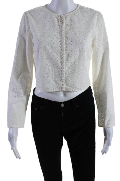 Frame Women's Eyelet Long Sleeves Button Down Cotton Blouse Cream Size XS