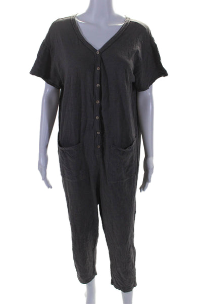 Mustard Seed Womens Short Sleeve Button Down Tapered Leg Jumpsuit Gray Small