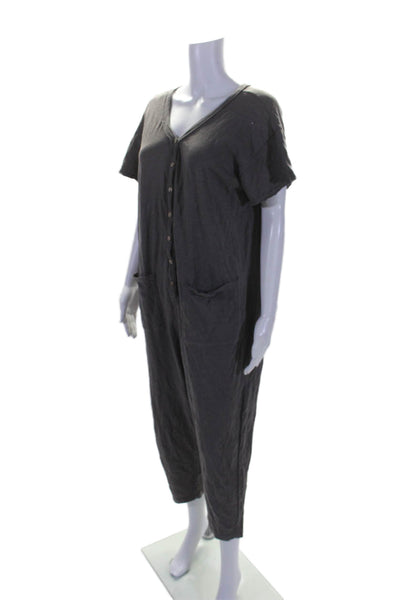 Mustard Seed Womens Short Sleeve Button Down Tapered Leg Jumpsuit Gray Small