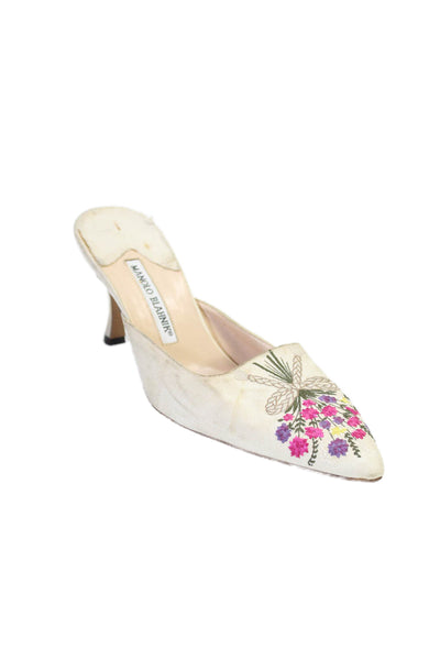 Manolo Blahnik Womens Slip On Embroidered Mid Heels Beige Size 8.5 US