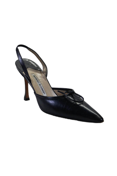 Manolo Blahnik Womens Navy Leather Pointed Toe Heels Slingbacks Shoes Size 8