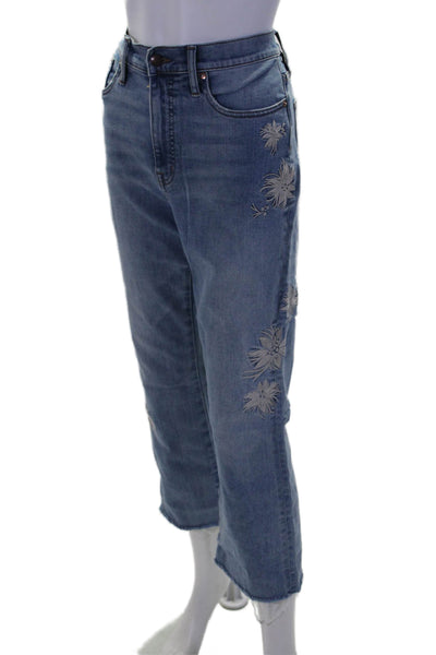 Point Sur Womens Embroidered Floral Five Pocket Mid-Rise Jeans Blue Size 28