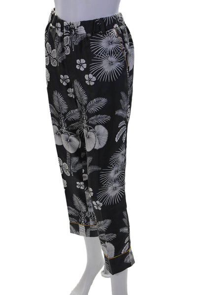 J Crew Womens Silk Floral Elastic Waist Mid-Rise Straight Leg Pants Gray Size 4