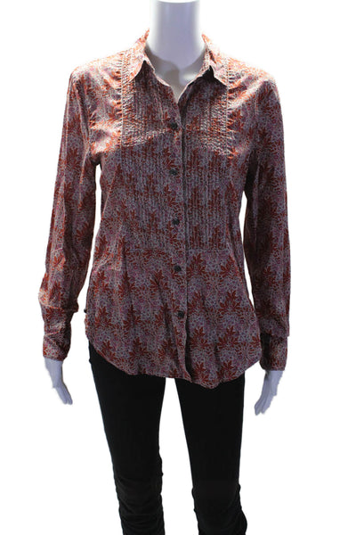 J Crew Womens Cotton Pleated Floral Long Sleeve Button Up Blouse Top Red Size 8