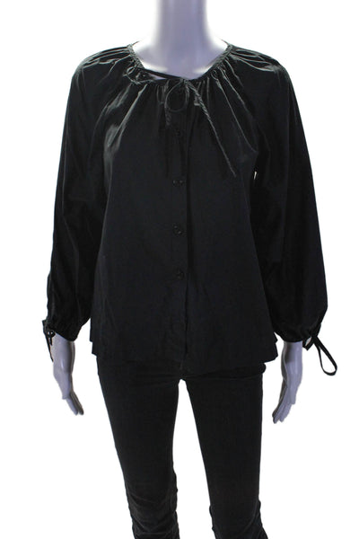 J Crew Womens Cotton Round Neck Long Sleeve Button Up Blouse Top Black Size S